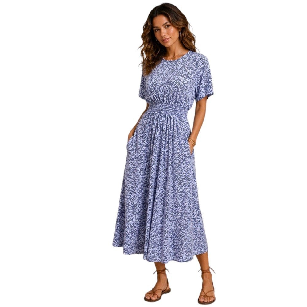 Boden Womens Midi Dress Blue Geometric Smocked Waist Short Sleeve Pockets 12